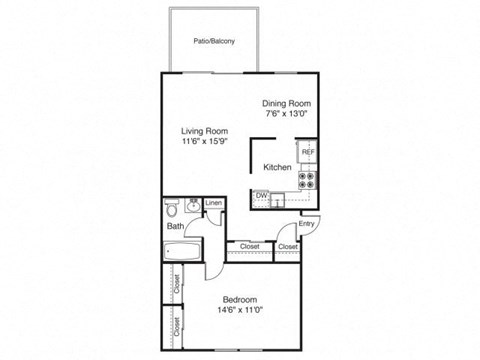 Floor plan for 1 bed, 1 bath, 800 sqft